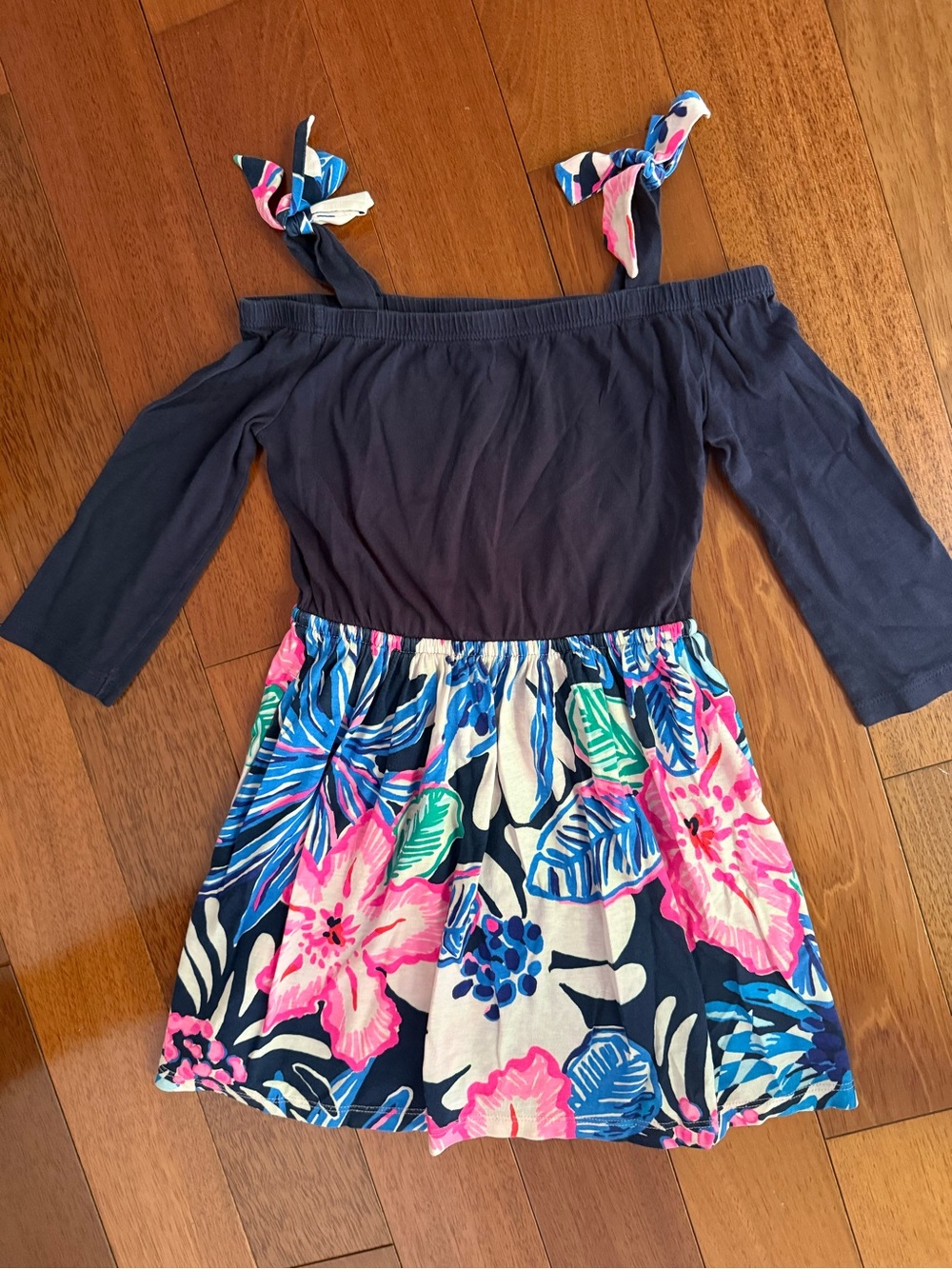 Lilly Pulitzer Navy Off-Shoulder Dress with Pink & Blue Floral Skirt